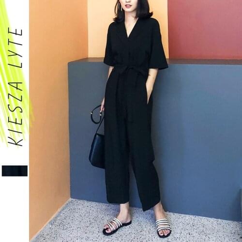 Women Jumpsuits 2020 Summer Solid Black Lace-up Short Sleeve High Waists Tooling Jumpsuit Rompers Female Streetwear good quality
