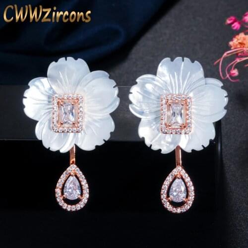 CWWZircons Natural Designer Shell Flower Cubic Zirconia Stone Big Long 585 Rose Gold Drop Earring for Women Trendy Jewelry CZ624