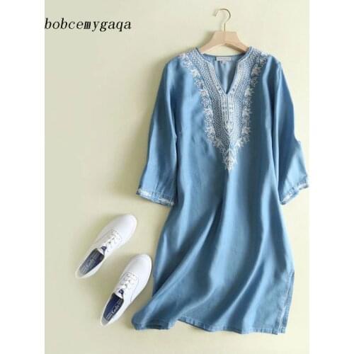 Embroidered Loose Summer Denim Dress Women Blue V Neck Long Sleeve Jeans Shirt Dress Knee Length Spring Dress Vestidos Mujer