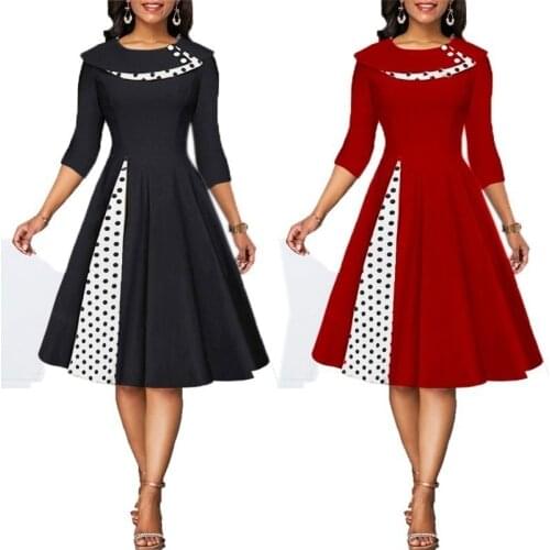 Red Black Dress Dot 2021 Button Color Contrast Swing Waist Women Summer Office Club Korean Party Vestido Vintage Boho Dresses