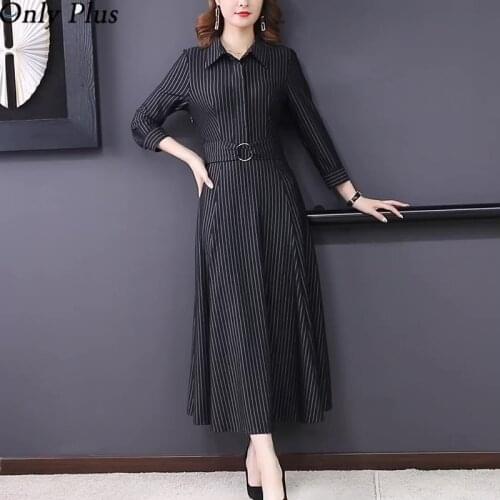 Only Plus 2021 New Autumn Striped Dress Temperament Fashion Over-the-knee Big Swing Dress Female Slim Office Lady Black Elegant
