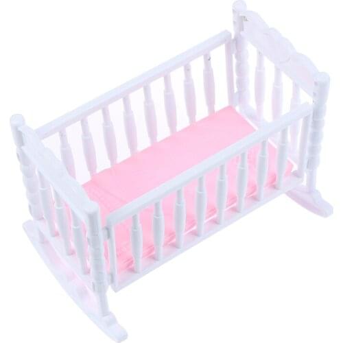 1PC Dollhouse Miniature Light Pink White Baby Doll Shaker Toy Accessories Bed Cradle Crib Model