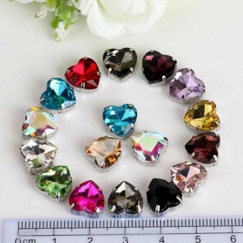 50 Pieces 10mm Silver Sew On Crystal Rhinestones Heart Shaped Diamond Claw Setting Loose Rhinestone Crystal Beads Gemstone