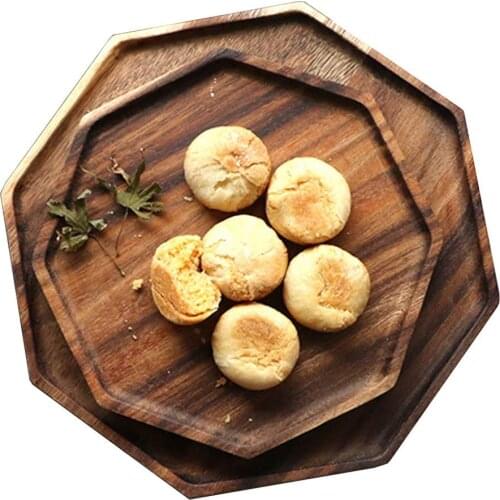 Acacia Wooden Trays Set of 2 Octagon Square Serving Bread Plates for Fruit Salad Platter Vegetable Food Dish Picnic or Bed Tray