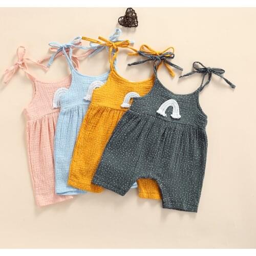 Baby Short Romper with Rainbow Pattern, Girls Sleeveless Round Collar Sling Jumpsuit