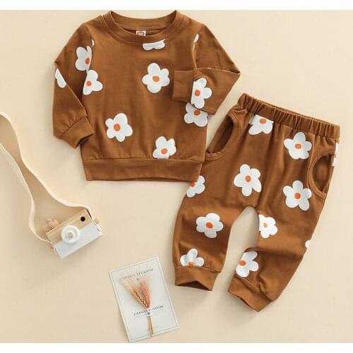 FOCUSNORM 0-4Y Lovely Baby Girls 2pcs Clothes Sets Flowers Printing Long Sleeve Sweatshirt Tops Pocket Pants Autumn Outfits