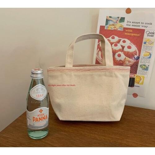 Korean Letters Print Contrast Color Canvas Bag Cotton Beige Ladies Handbag Soft Small Bento Bag Student Office Lunch Tote Bag