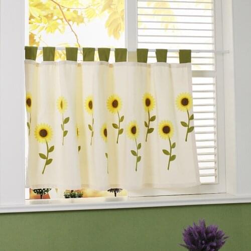 DUNXDECO Short Curtains For Kitchen Half Cortinas Country Style Shiny Warm Yellow Sunflower Embroidery Door Rideau Store Decor
