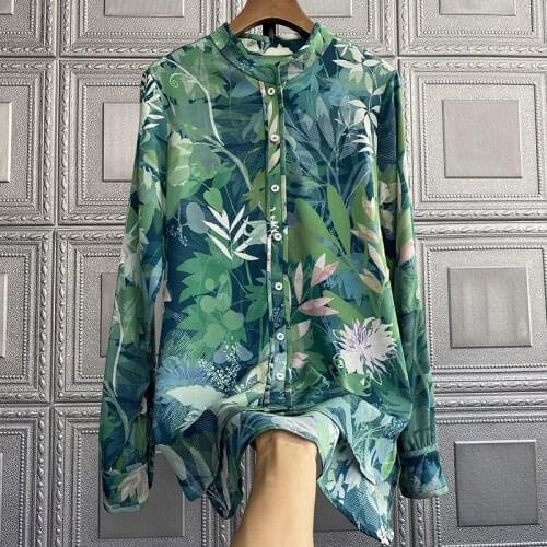 Beauty!Silk Shirt Blouse Collar Spring Summer Fashion Print Loose Long-sleeved Top Silk Shirt Women