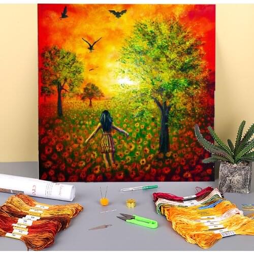 Natural Scenery Sunflower Sky Printed 11CT Cross Stitch Embroidery Kit DMC Threads Painting Handicraft Craft Handmade Gift
