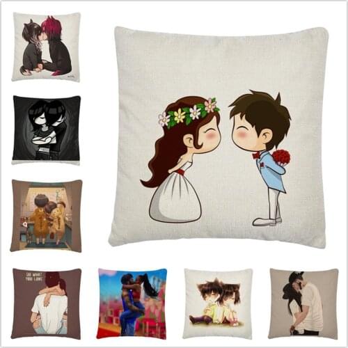 Couple love cartoon pattern linen Cushion Cover Pillow Case for Home Sofa Car Decor Pillowcase 45X45cm