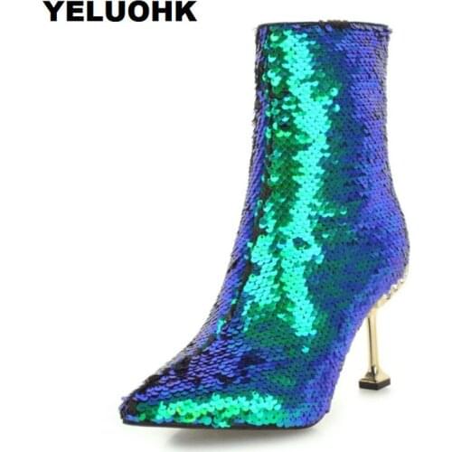 New Glitter Ankle Boots Women Shoes Fashion Pointed Toe Short Women High Boots Sexy High Heels Autumn Shoes Pumps Stiletto Heel