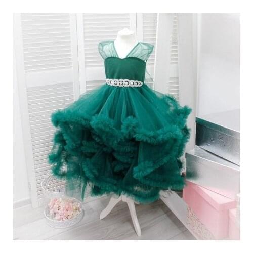 Charming Green Tulle Girls Dresses For Party Photo Shoot Crystals Waistband Ruffles Pleated Mini Flower Girls Gowns