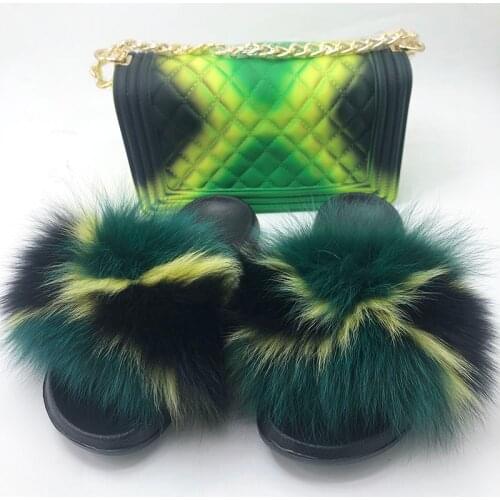 Wholesale Jelly Purses With Slipper Shoes Women Custom Crossbody Bag Fox Fur Slides Sets Jelly Bag With Real Fox Fur Slippers