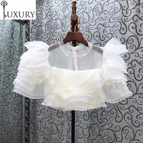 Autumn Fashion Crop 2020 High Quality Ladies Stand Neck Cascading Ruffle Flower Deco Short Sleeve Casual Sexy White Tops