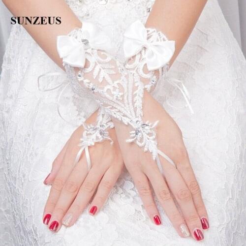 Fingerless Gloves Short White Lace Wedding Gloves with Beaded Bow Top Back Lace Up Bride Gloves for Women SG07