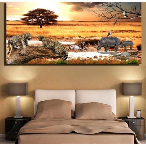 African Grassland Sunset Landscape Posters And Prints-Cheetah And Rhinoceros Paintings For Living Room Wall-Animals Pictures