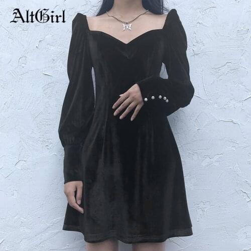 AltGirl Autumn Sweet Dark Goth Black Velevt Dress Women V-neck High Waist Pearl Buckle Long Sleeve Split Mini Party Dress Female