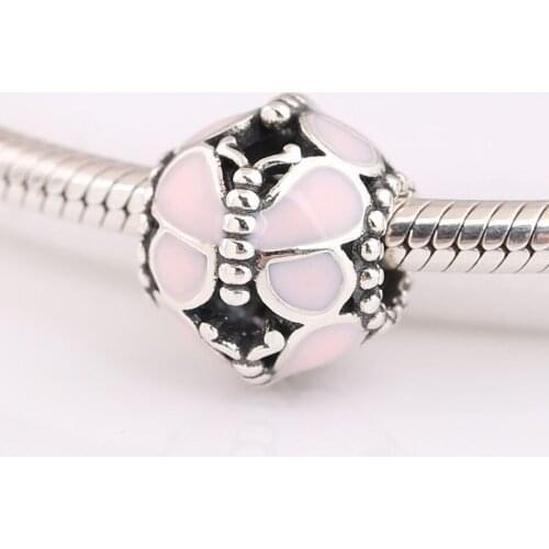 Authentic S925 Silver Openwork Enamel Pink Butterflies Bead Charm fit Lady Bracelet Bangle DIY Jewelry