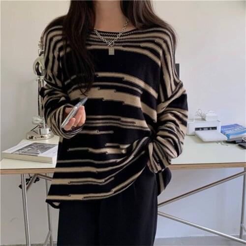 Pullovers Women Oversize Ulzzang BF Unisex Couples Japanese Striped Knit Sweater Casual Female New Autumn Fashion Retro Daily