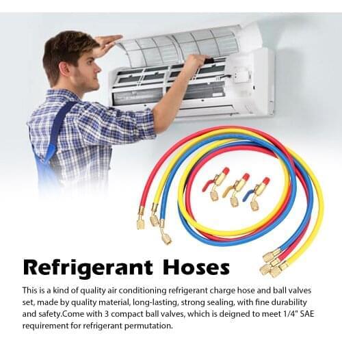 R134A R12 R22 Air Conditioning Refrigerant Charge Hose 1/4'' SAE Thread 60''/1.524m Long Red/Yellow/Blue Tube with Ball Valve