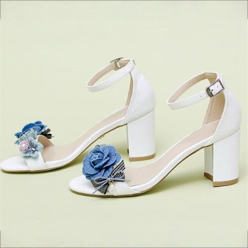 Women Sandals Floral Wedding Shoes Bow Tie Sandals White Pumps 7cm Block High Heels Bride Shoes Ladies Ankle Strap Plus Size 43