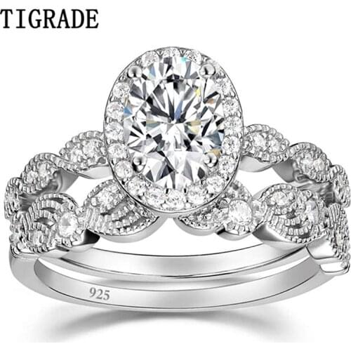 TIGRADE 925 Sterling Silver Bridal Rings Sets Oval Cubic Zirconia Halo CZ Engagements Rings Wedding Bands For Women Promise Ring
