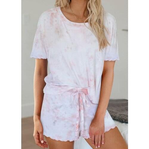 Spot Popular European and American Womens Printed Short Sleeve Two Piece Pajamas Tie Dyed Home Wear Om9250