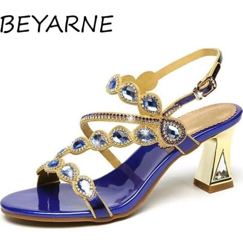 BEYARNE European American Ladies Fashion High Heel Summer Shoes Elegant Drop Rhinestone Sandals Chunky Ladies Shoes Women