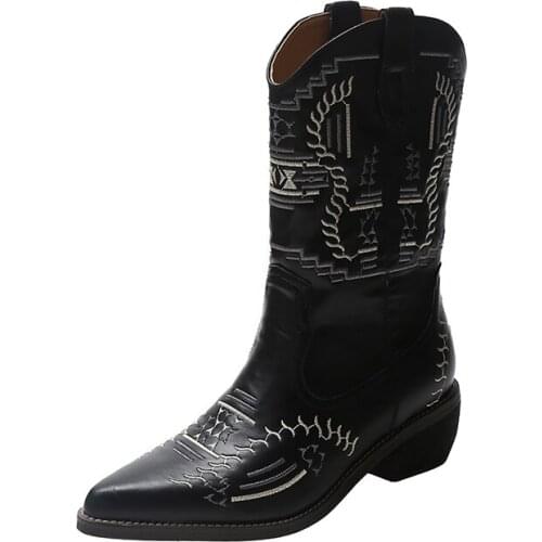 2021 New Arrive Women Mid Calf Boots Autumn Winter Med Heels Block Pointed Toe Ladies Punk Short Boots Shoes Luxury Designer