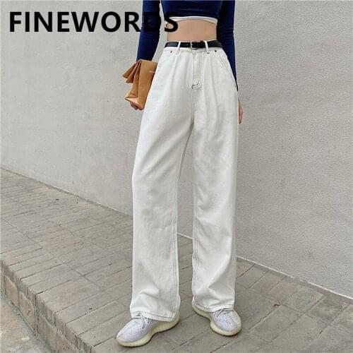FINEWORDS Casual Wide Leg Loose White Jeans Women Korean High Waist Jeans Streetwear Retro Denim 2021 Pantalones Vaqueros Mujer