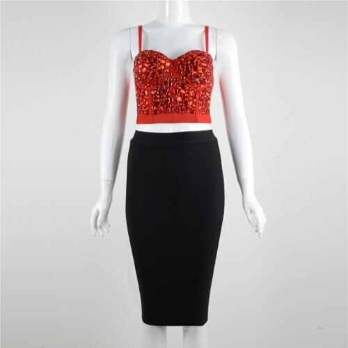 New Arrival Bandage Set Shiny Crop Top Midi Skirt Spaghetti Straps Sexy Party Dress Elegant Celebrity Vintage Bodycon Two Piece