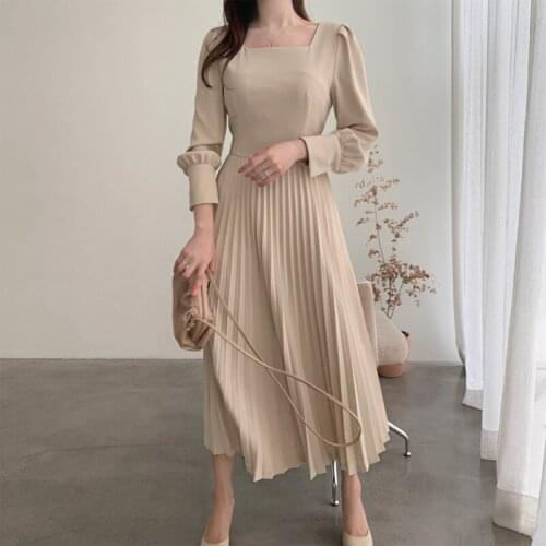 Women Autumn Slim High Waist Square Collar Pleated Dress Mid-calf Puff Long Sleeve Elegant Vestidos