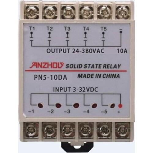 1PC 10DA Din Rail Mounting SSR 5 Channels Quintuplicate Input 3~32VDC Output 24~380VAC DC Solid State Relay Zero cross trigger