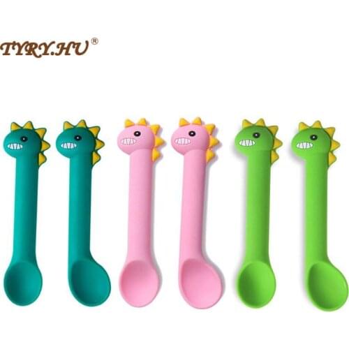 2Pcs/set Parent-child spoon set Baby Silicone Soft Feeding Spoon Dinosaur Cartoon Spoons Dishes Infant Utensils Learning Spoons