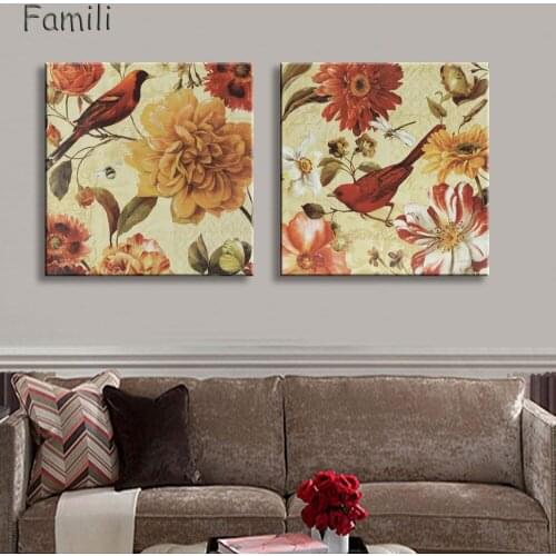 2pcs Bana flowers and bird vintage floral prints canvas pictures for living room bedroom home decorative wall art schilderij