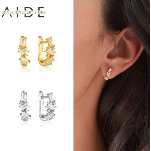 AIDE Fashion U Shape Hoop Earrings for Women INS Geometric Rectangle Zircon Pierced 925 Sterling Silver Earings Jewelry kolczyki