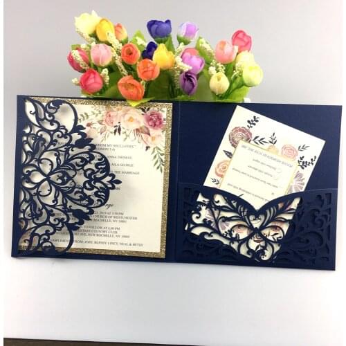Free shipping 2pcs dark blue tri fold wedding invitation cards with envelope ,insert, RSVP 3 fold laser cut pocket fold cards