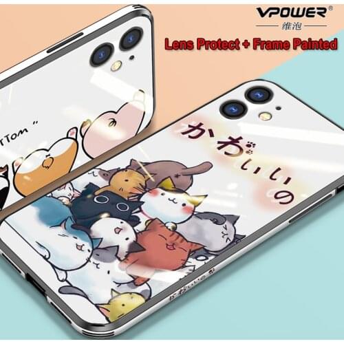 Painted frame cute cat Tempered Glass Phone Cases For iPhone 11 Pro Max 11 pro X XS Max XR glass case + lens protect Cover shell