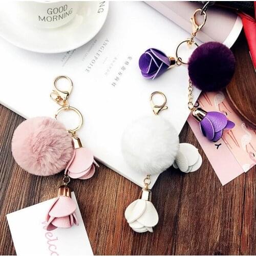 Flower Fur pompom Keychain pom pom Leather Rabbit Fur key chain pompon porte clef For Bag Charms Key ring llaveros sleutelhanger