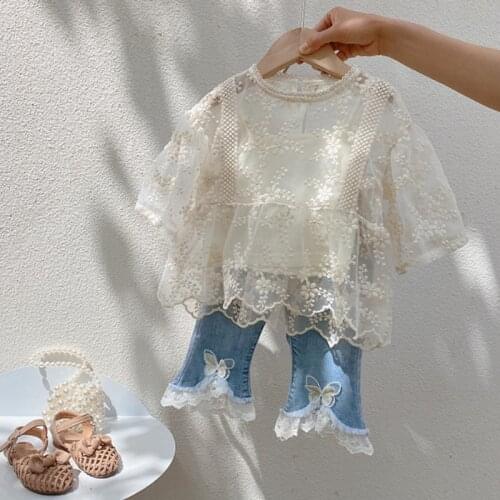 Childrens Clothing 2021 Summer New Girls Sweet Cute Solid Color Lace Sunscreen Clothes Suspender Shirt Top Two Piece Set