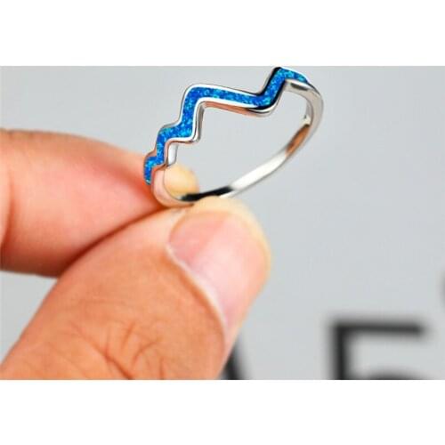 Dainty Small Ocean Wave Engagement Ring Minimalist Female Blue Opal Stone Ring Vintage Silver Color Thin Wedding Rings For Women