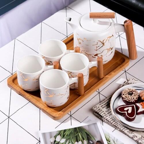 Ceramic Tea Set Cup Kit Teapot Water Cup With Wooden Handle Milk Mug Coffee Set With Wooden Tray Golden Drinkware Set Dinnerware