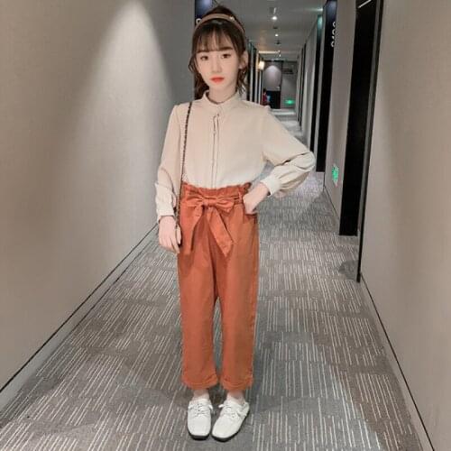 Girls Suit Blouse +Pants 2Pcs/Sets 2021 Solid Spring Autumn Teenagers Outwear Kids Cotton Tracksuit Sport Suits Children Clothin
