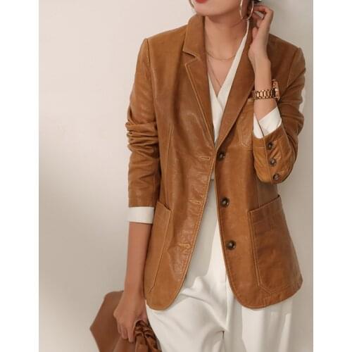 100% Sheepskin Blazer Leather Coat Casual Style Turn Down Neck Long Sleeves Solid Pocket Jacket Classic Design New Fashion