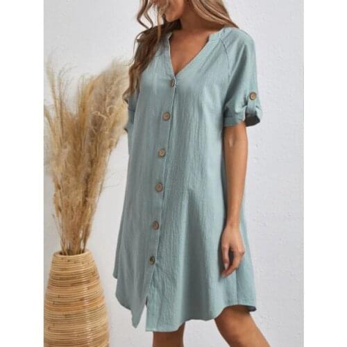 Summer Dress Womens Clothing 2021 Dresses Single-Breasted V-Neck Short Sleeves Loose Mini Dress For Women Vestidos Femme Robes