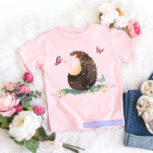 Kawaii Funny Hedgehog Cartoon Print Birthday Gift Kids T Shirts Children Clothing Girls T-Shirts Harajuku Summer Tops Streetwear