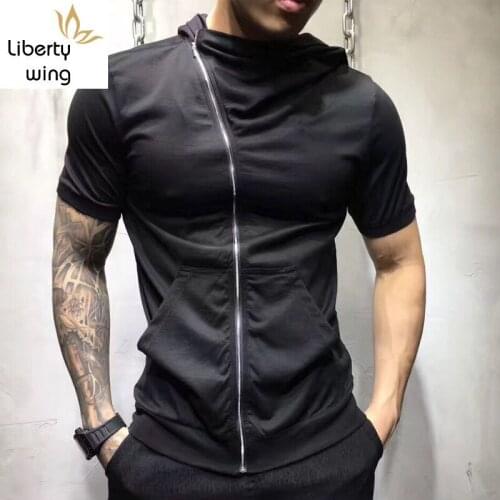 Summer New Men Short Sleeve T-shirt Casual Punk Zipper Hooded Tops Male Street Black Hip Hop Streetwear T-shirts Plus Size