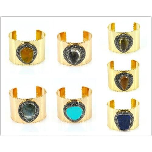 New Brand Women and Men Gold Color Bangle with Natural Druzy Quartz Gem Stone Pave Setting Rhinestone CZ Cuff Bracelet