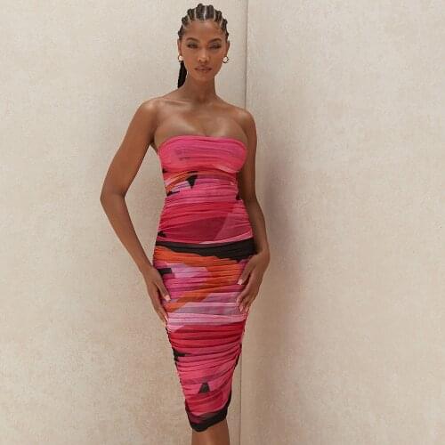 New Women Dress Fashion Sexy Strapless Print Strapless Sleeveless Party Club Elegant Celebrity Ladies Clothing